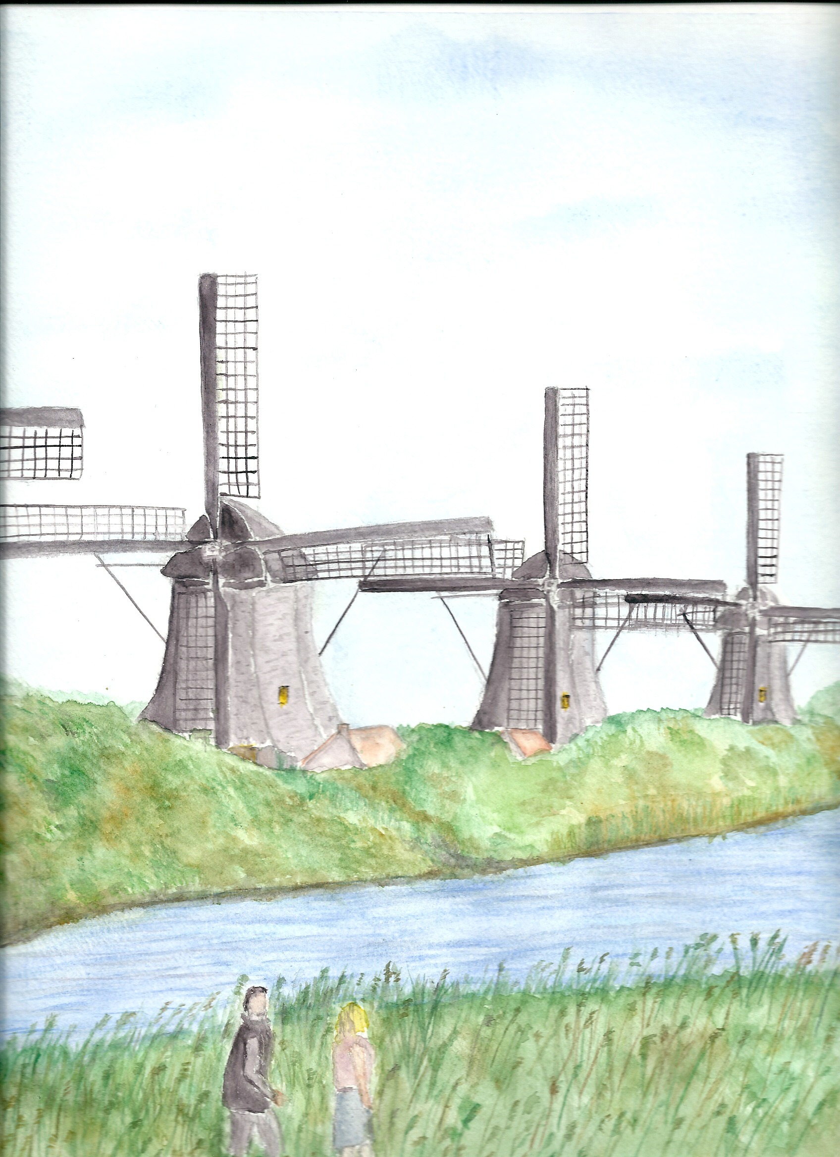 Aquarelle n°28: "Moulins à vent du Kinderdijk"