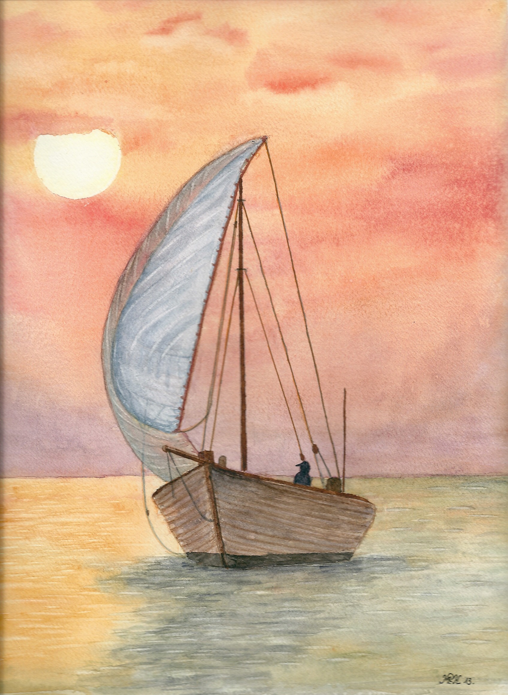 Aquarelle n°42: "Navigation au couché du soleil"