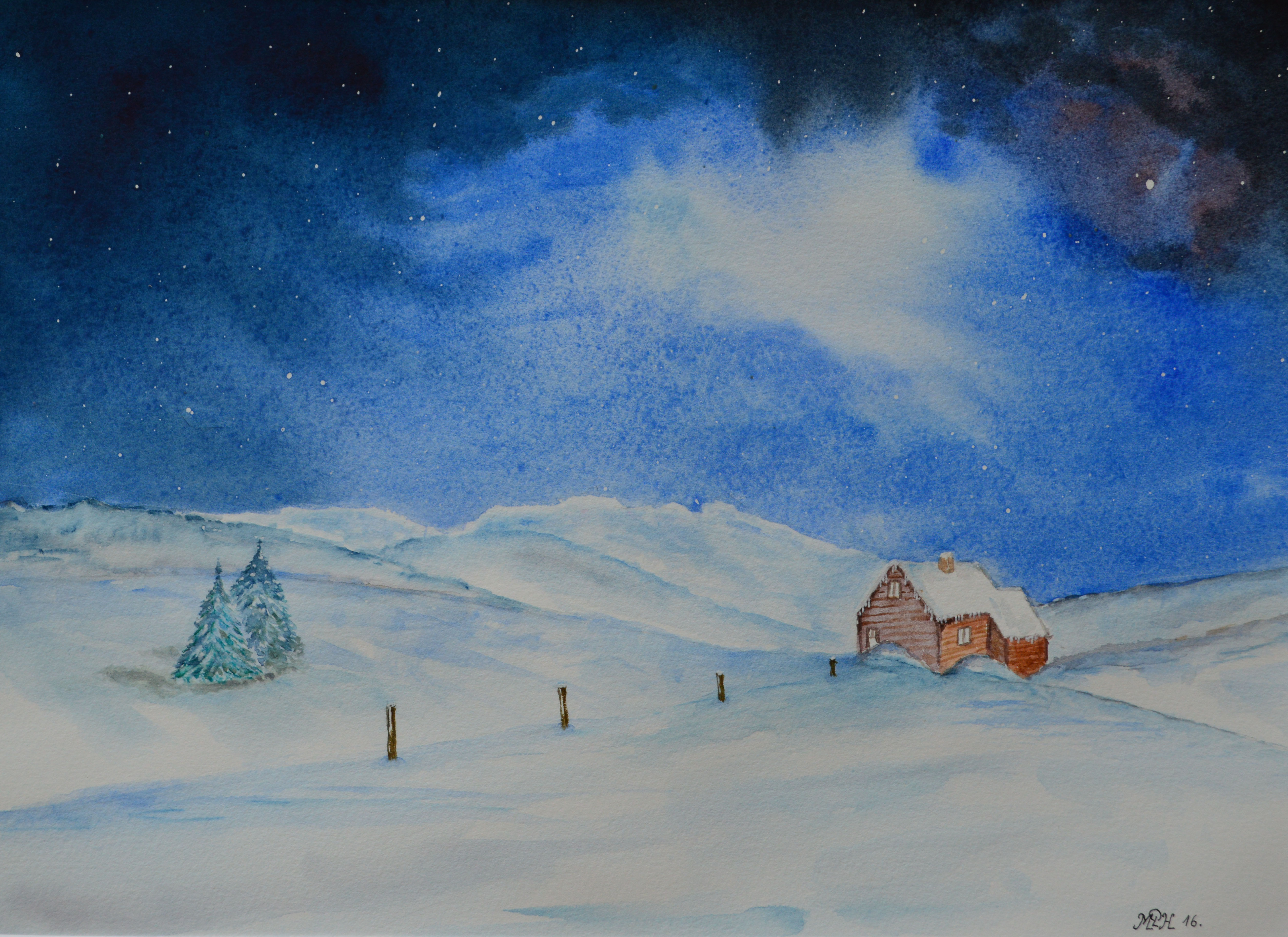 Aquarelle n°87: "Paysage nocturne d'hiver III"
